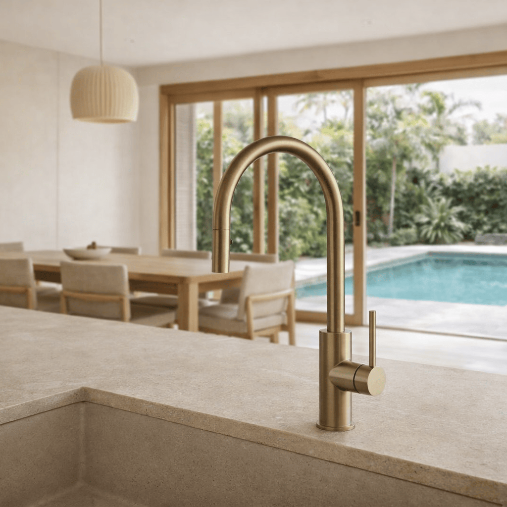 Kitchen Vaucluse Gooseneck Kitchen Mixer with Pullout Spray - Satin Brass