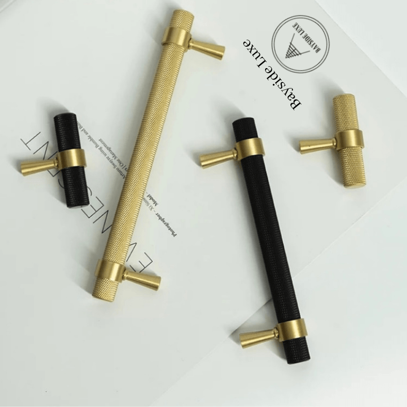 Cabinet Knobs & Handles Bayside Luxe - Mount Eliza Black and Satin Brass Knurled Handles